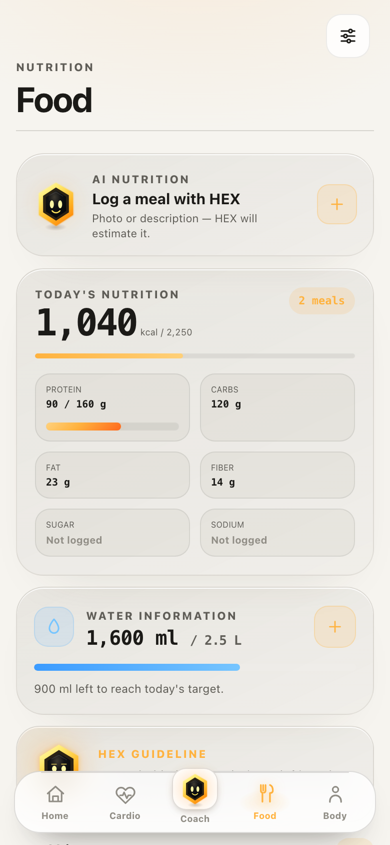 Hive Food screen with nutrition totals and water tracking